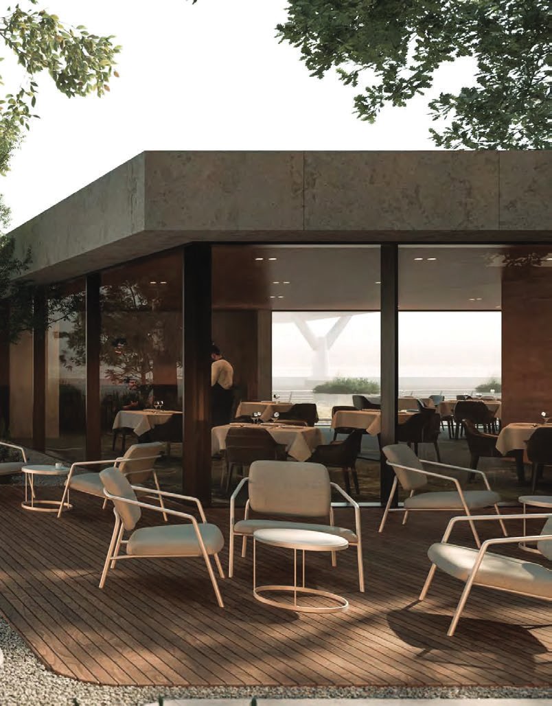 Canalside restaurant with timber deck terrace and lounge chairs