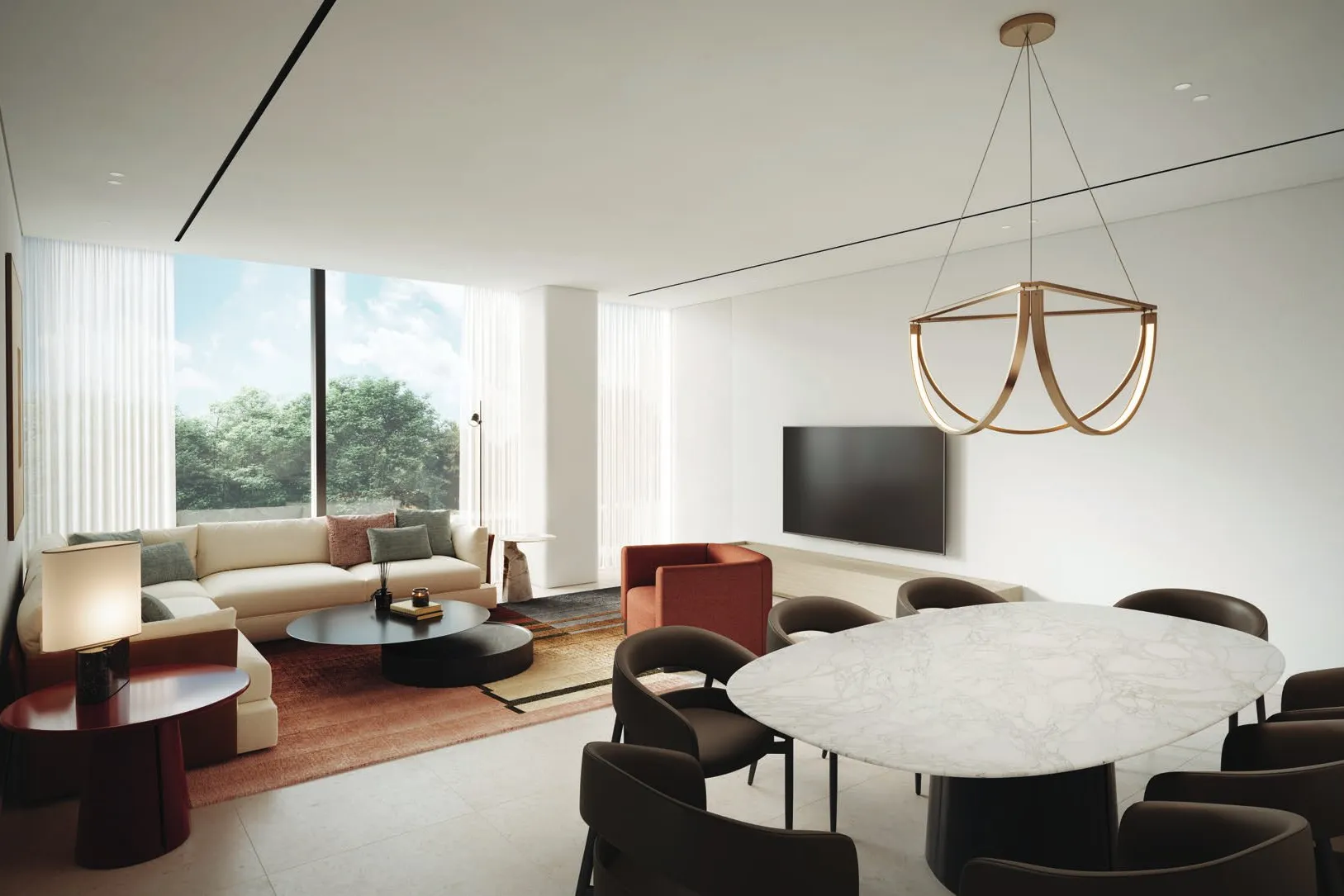 Living and dining room with tall windows looking onto trees