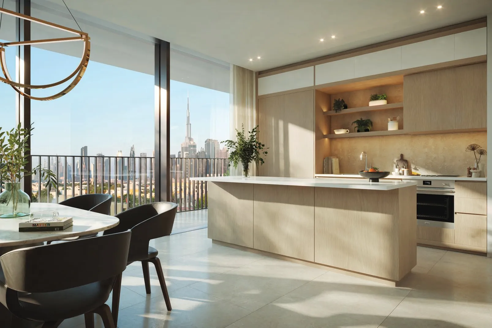 Pale oak kitchen with island and floor-to-ceiling windows to the skyline