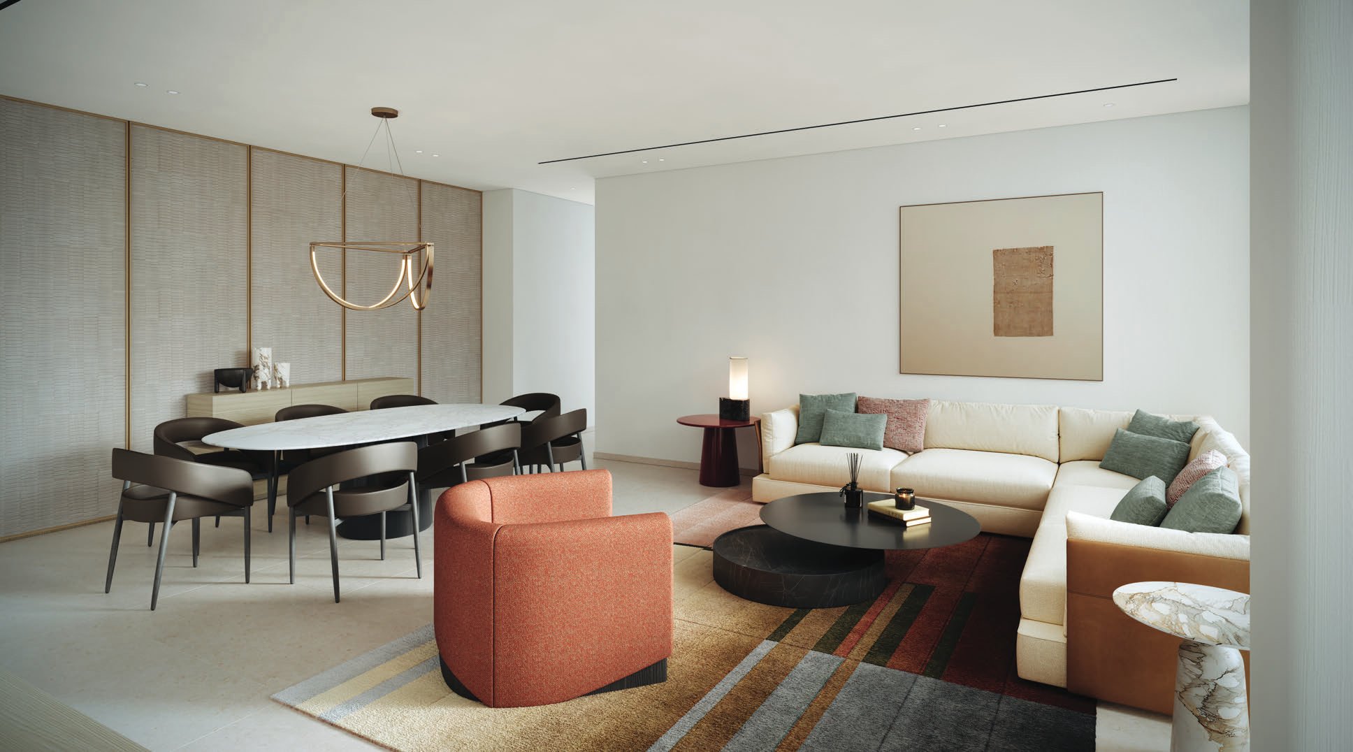 Open living and dining space with marble table and textured wall panels