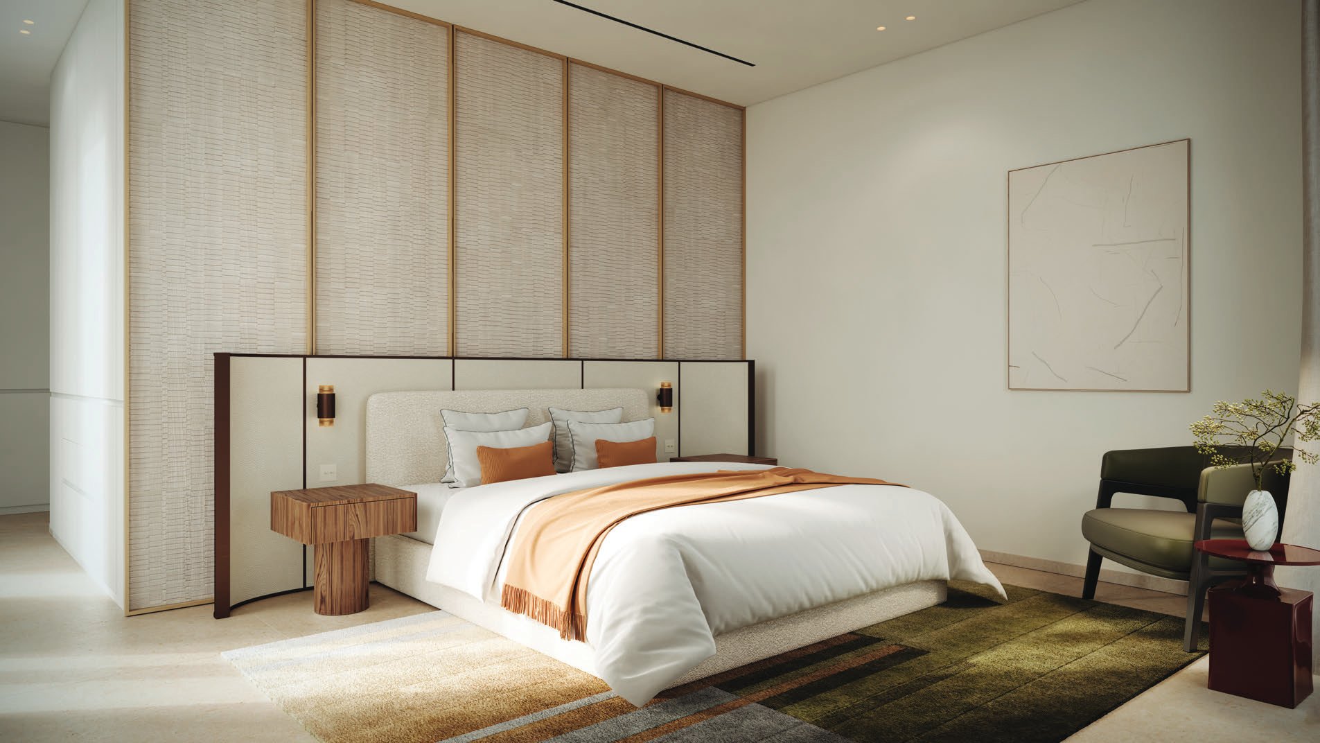 Calm bedroom in soft neutral tones with textured headboard wall